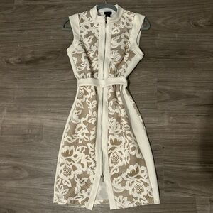 Cream Sheath Midi Dress with High Collar and Lace Pattern
